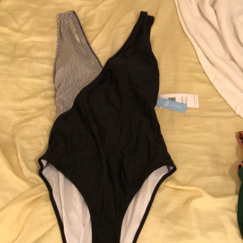 Black and white striped one piece